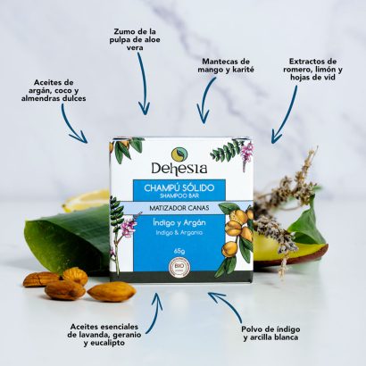 Champú Sólido BIO Matizador de Canas con Índigo y Argán - Dehesia - 65 g - Imagen 2
